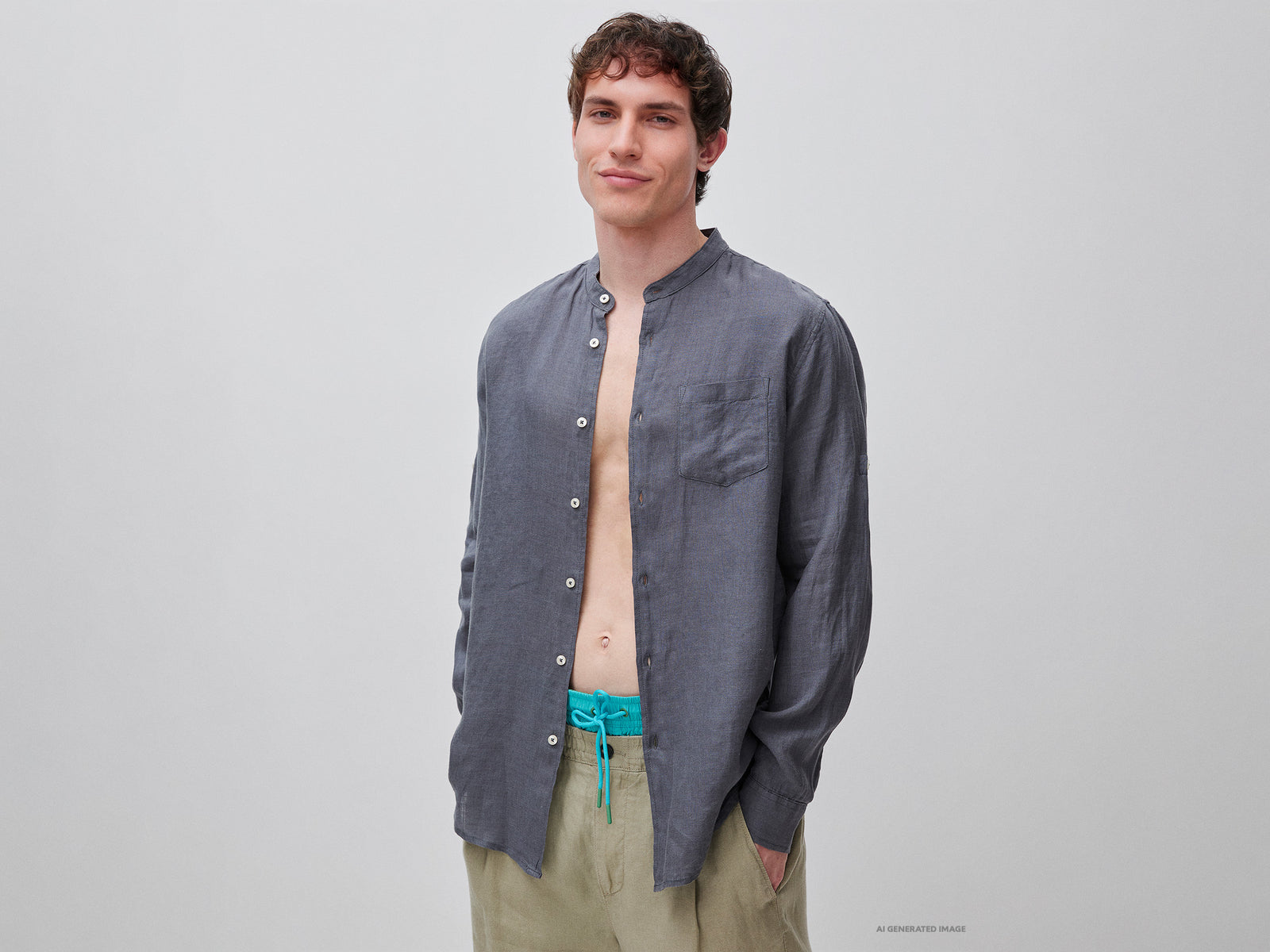 Camisa em linho puro gola coreana - ucb_image_F