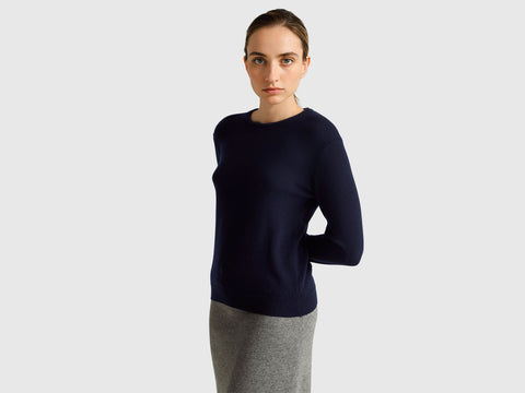 Dark blue crew neck sweater in pure Merino wool - ucb_image_F