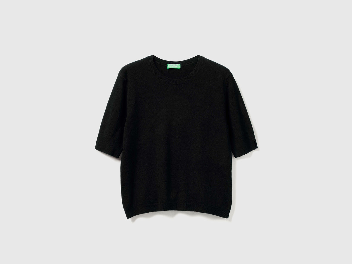 Camisola de manga curta preta em pura lã Merino - ucb_image_FS