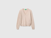 Camisola decote em V bege em pura lã Merino - ucb_image_FS