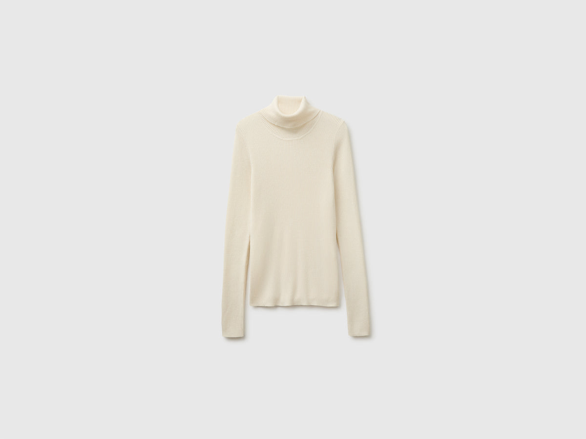 Camisola de gola alta canelada em mistura de seda e lã - ucb_image_FS