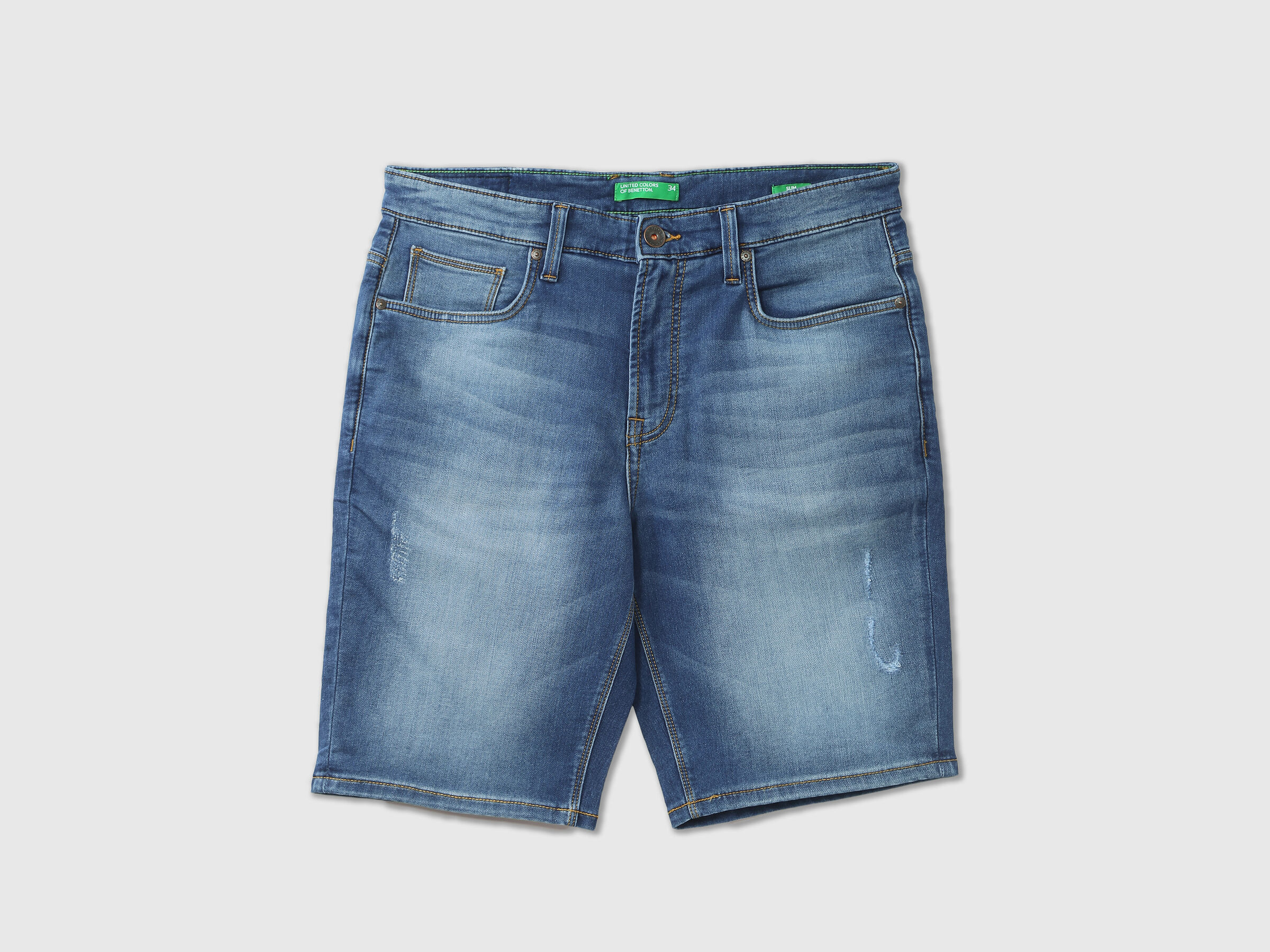 SLIM FIT MID BLUE FADED KNIT SHORTS image number 6