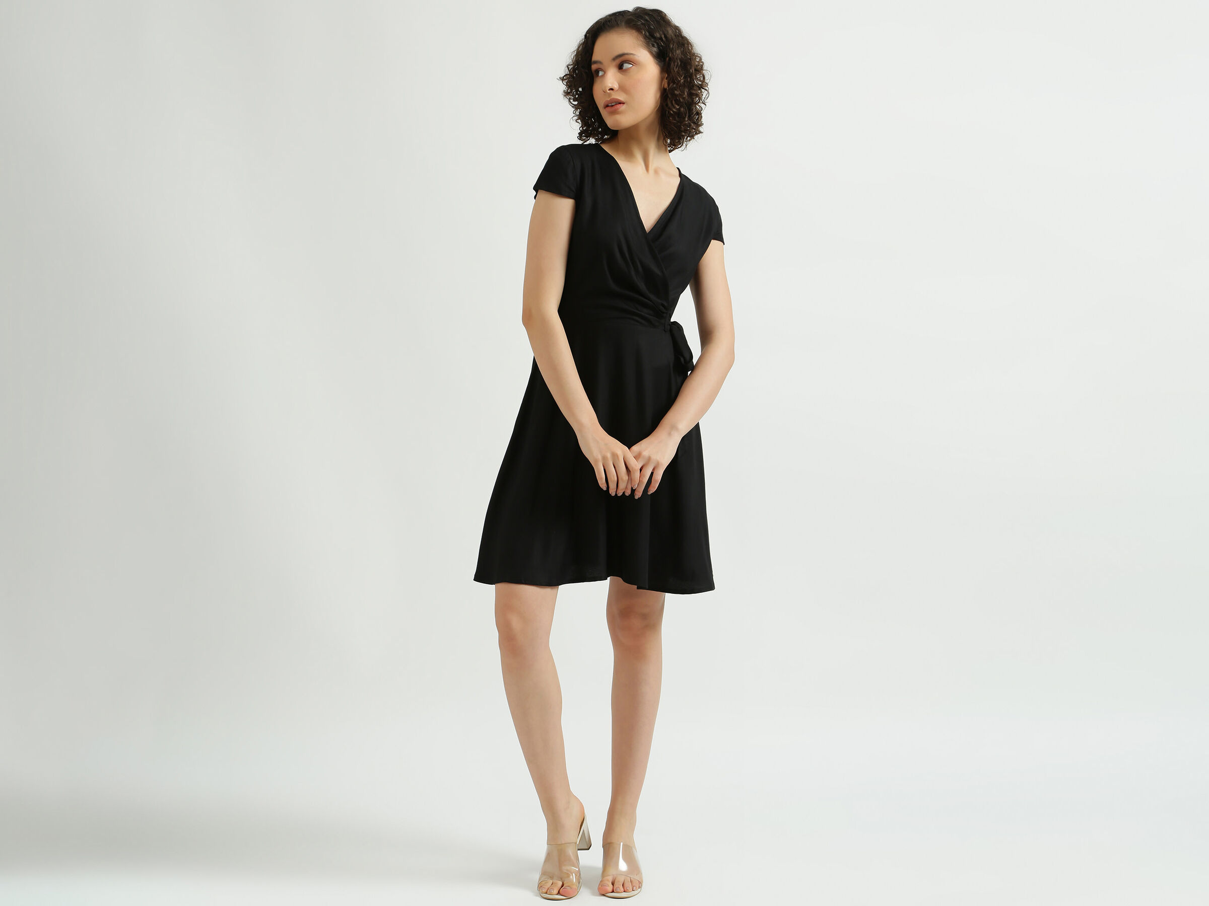 Short Sleeve Solid Wrap Dress image number 3