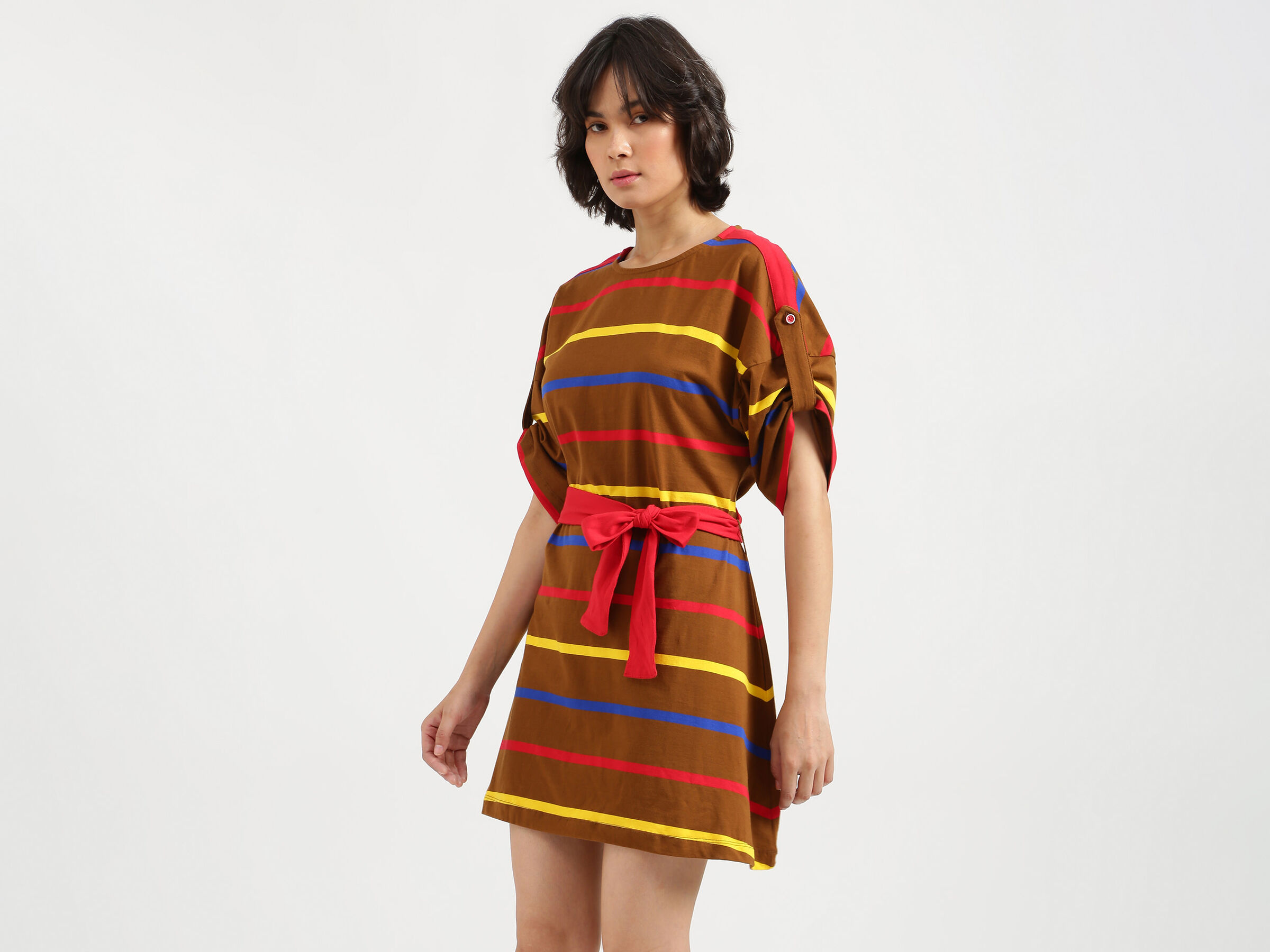 S/SLV Y/D DRESS WITH RED BELT image number 1