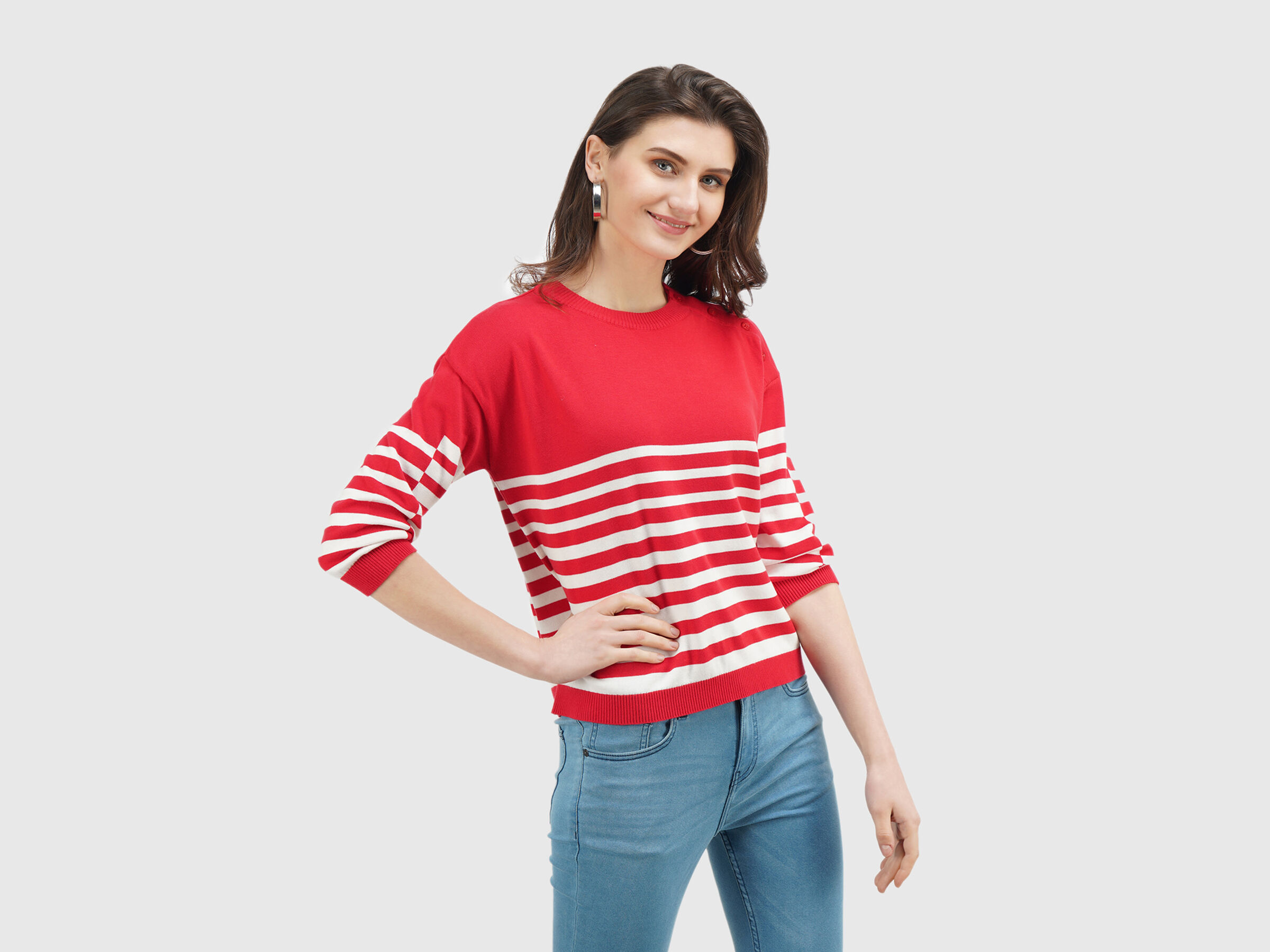 Full Sleeve Stripe Button Shoulder Tricot Top image number 1
