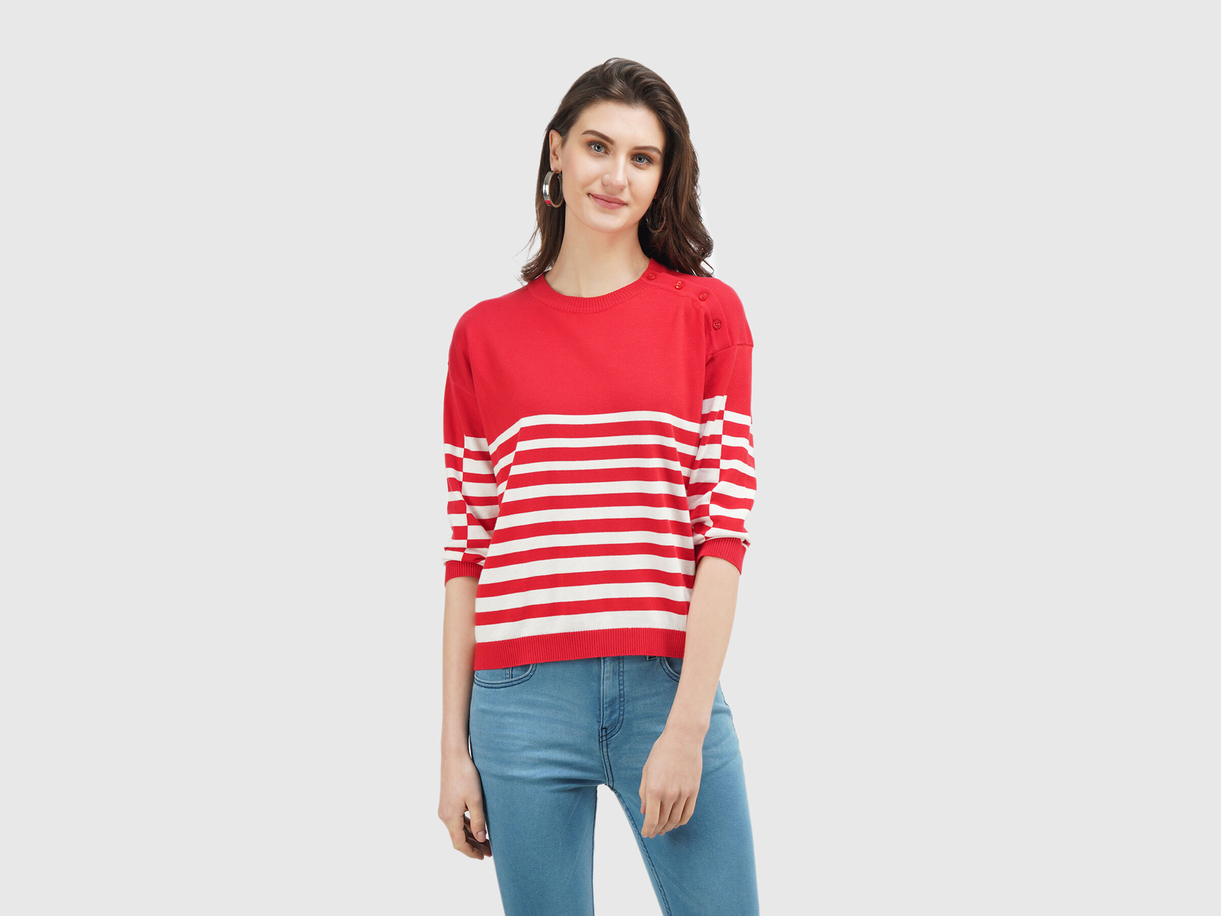 Full Sleeve Stripe Button Shoulder Tricot Top image number 0