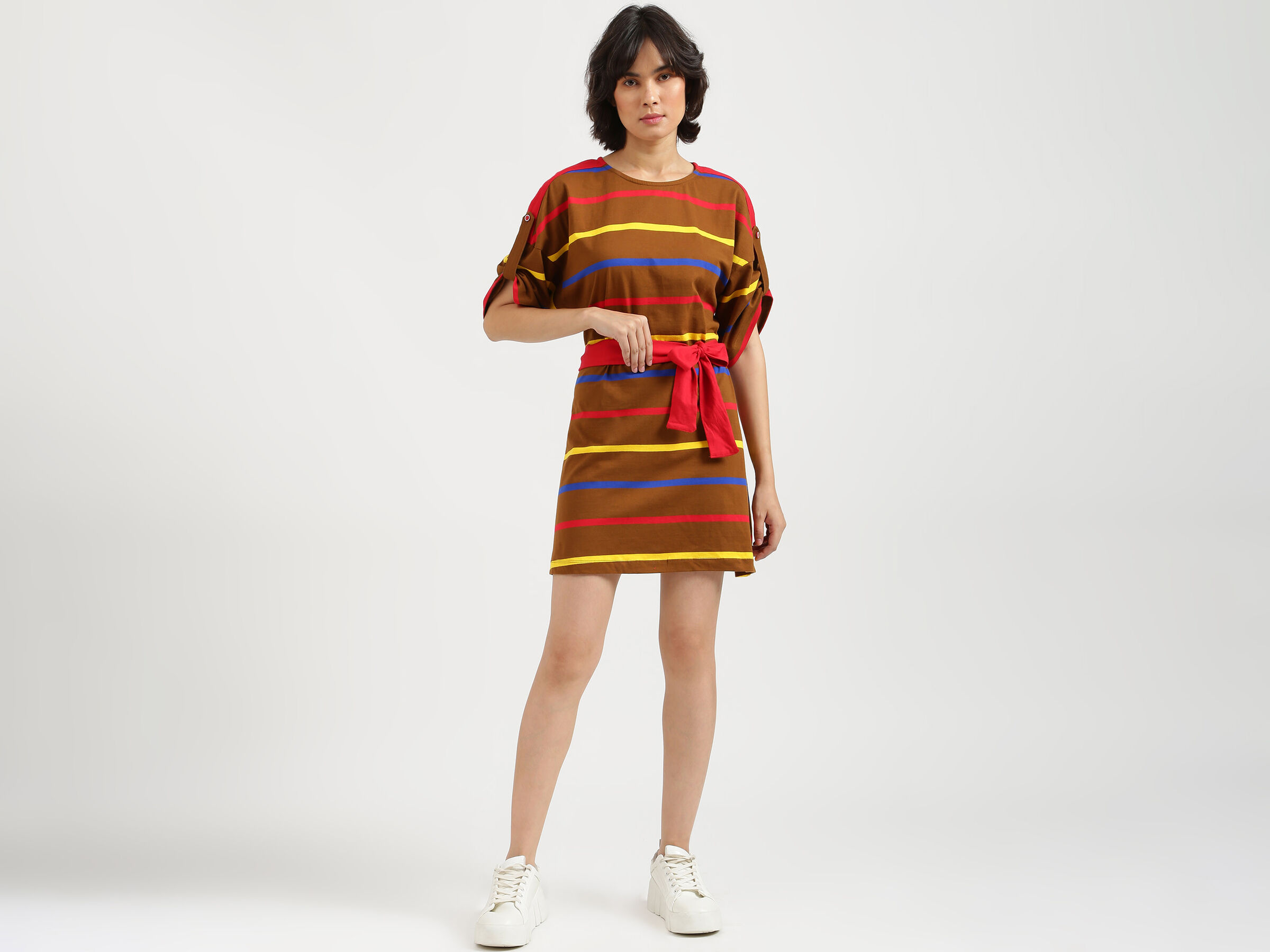 S/SLV Y/D DRESS WITH RED BELT image number 3