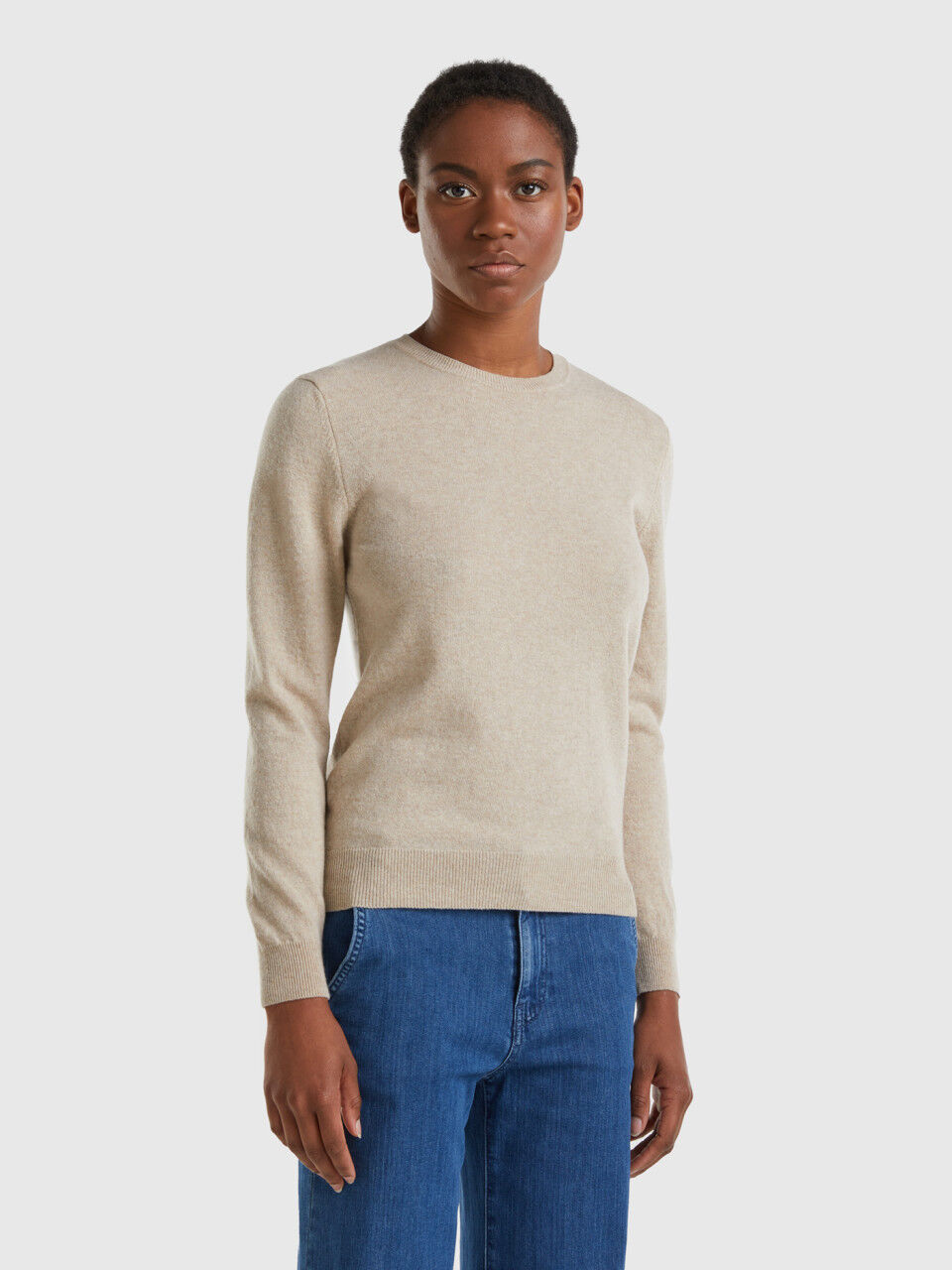 Beige crew neck sweater in pure Merino wool customizable