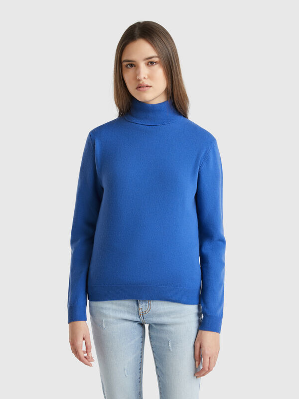 Cornflower blue turtleneck sweater in pure Merino wool Women
