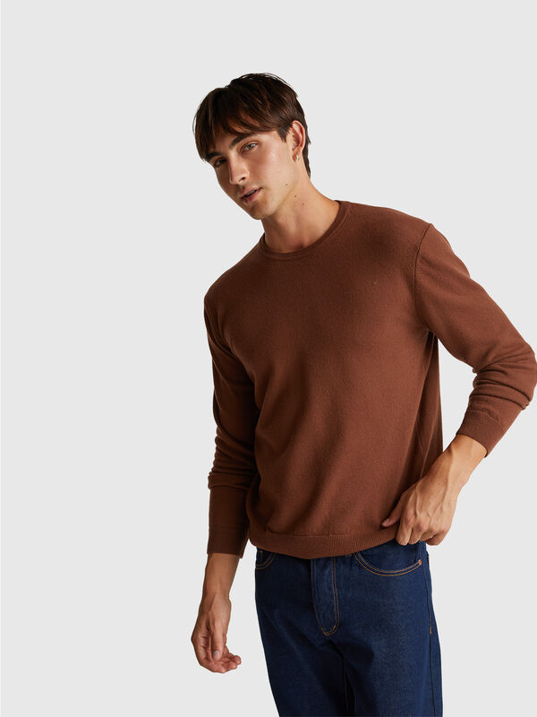 Dark brown crew neck sweater in pure Merino wool Men