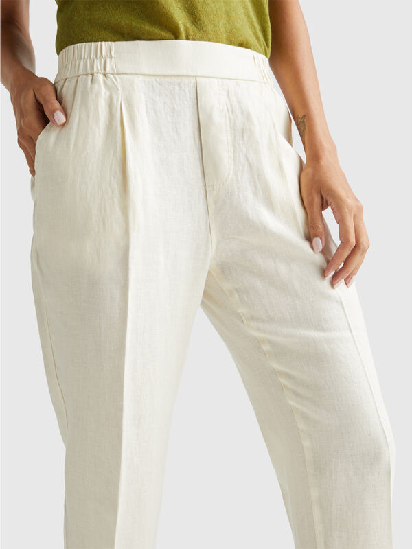 Cropped trousers in pure linen Women