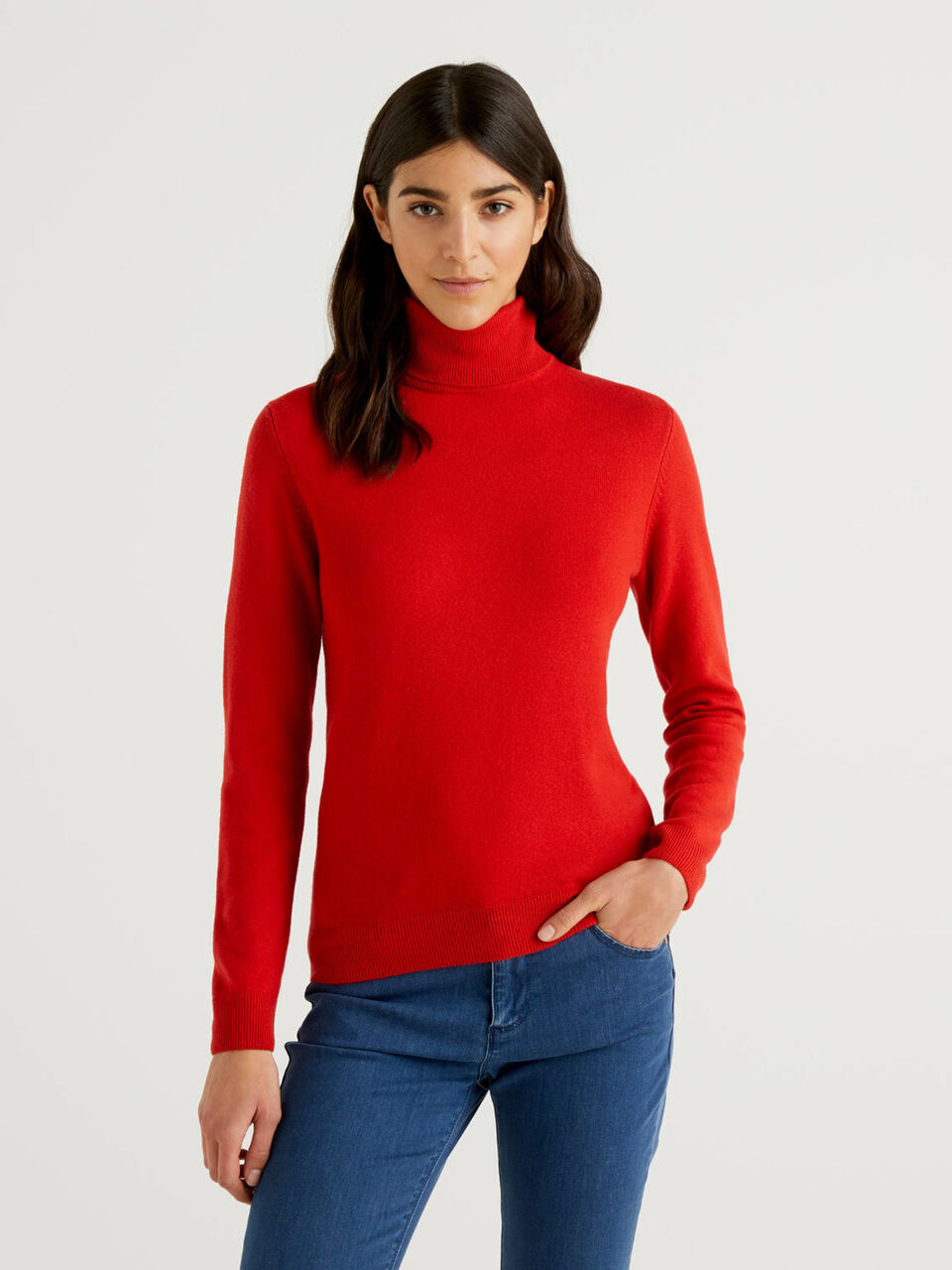 Red turtleneck sweatshirt
