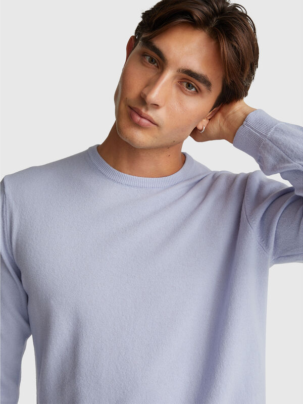 Pink blue crew neck sweater in pure Merino wool Men