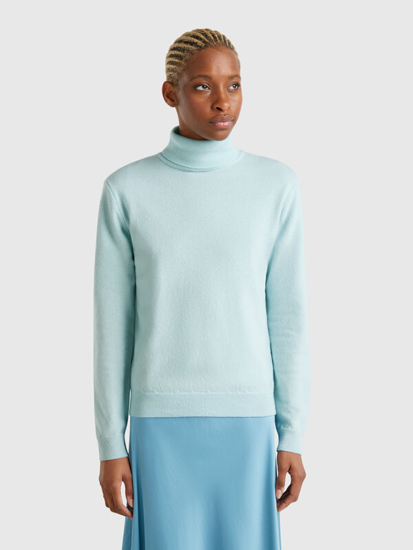 Turquoise turtleneck sweater in pure Merino wool Women