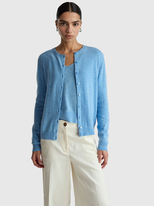 Light blue crew neck cardigan in pure Merino wool Women