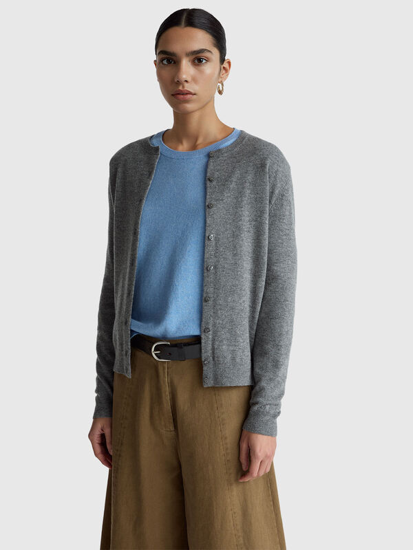 Mouse gray crew neck cardigan in pure Merino wool Women