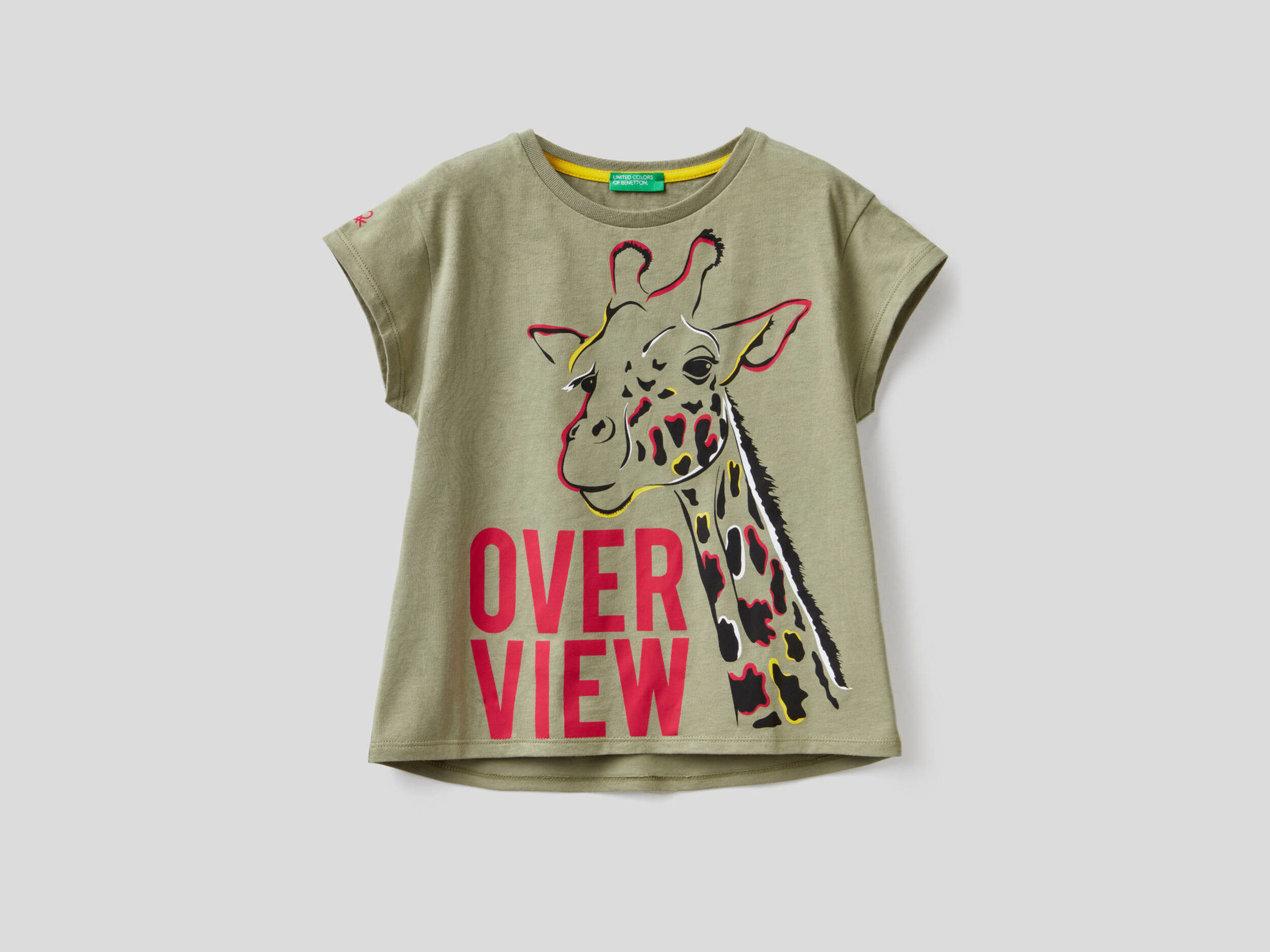 Military green t-shirt with giraffe print