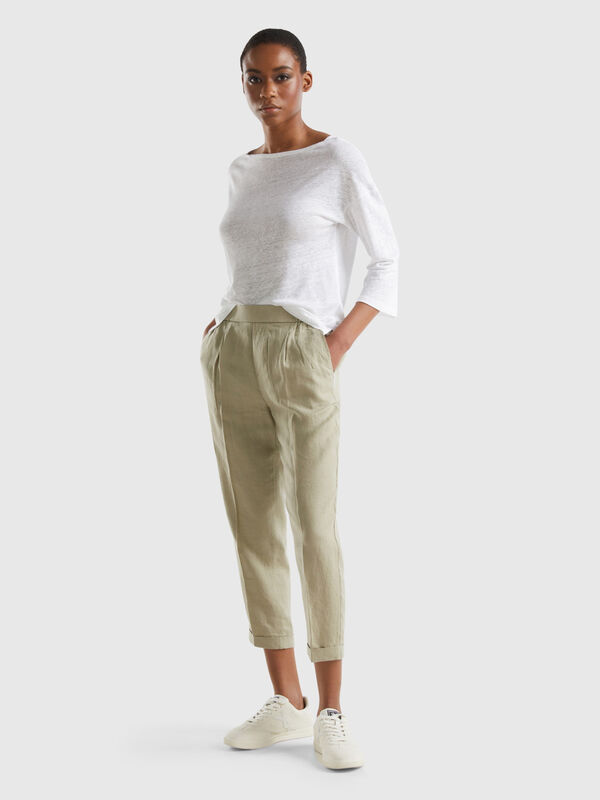 Cropped trousers in 100% linen Women