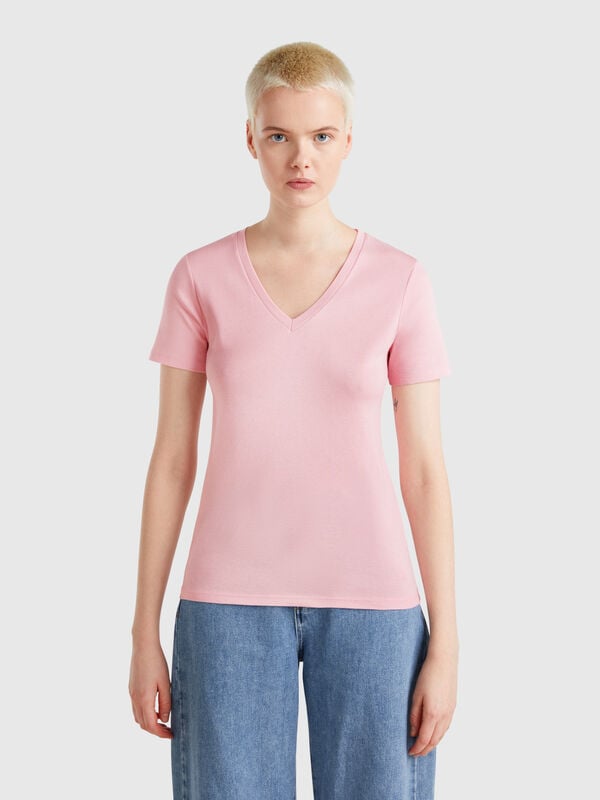 Pink pure cotton t-shirt with V-neck Women