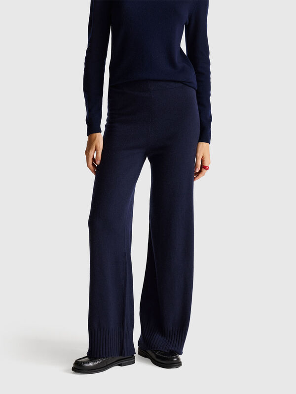 Dark blue wide leg trousers in cashmere and wool blend Women