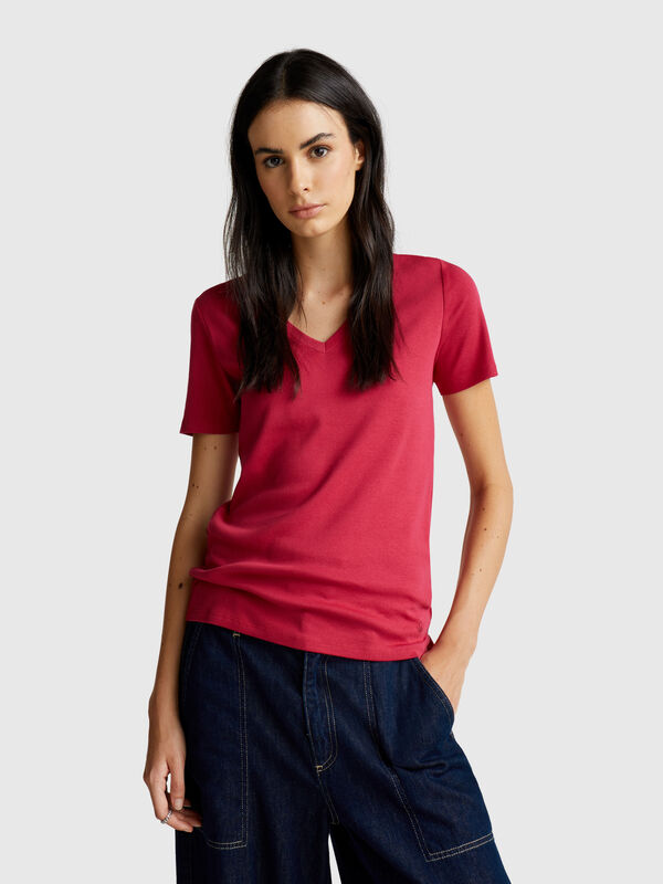 Pure cotton t-shirt with V-neck Women