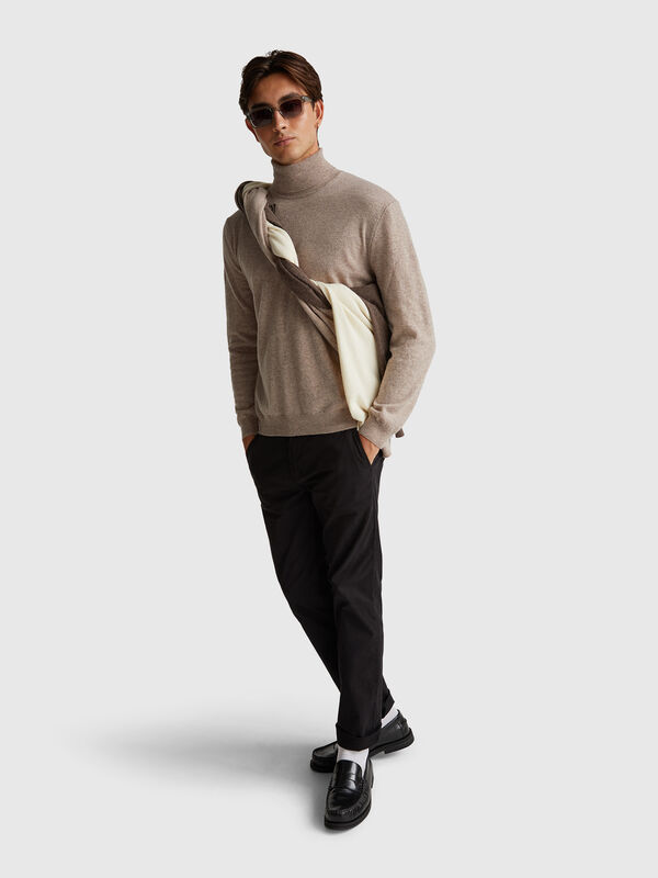 Brown mélange turtleneck in pure Merino wool Men