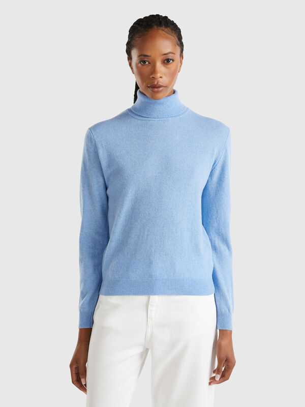 Sky blue turtleneck sweater in pure Merino wool Women