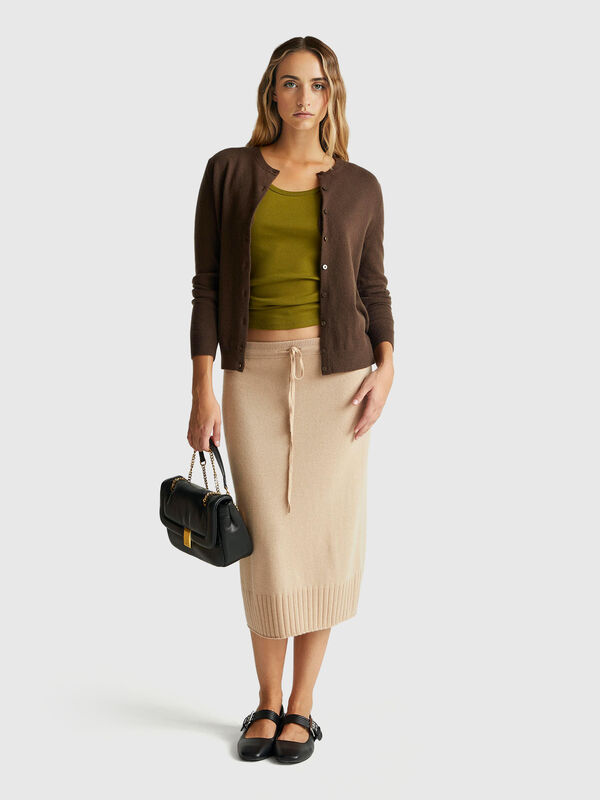 Brown crew neck cardigan in pure Merino wool Women