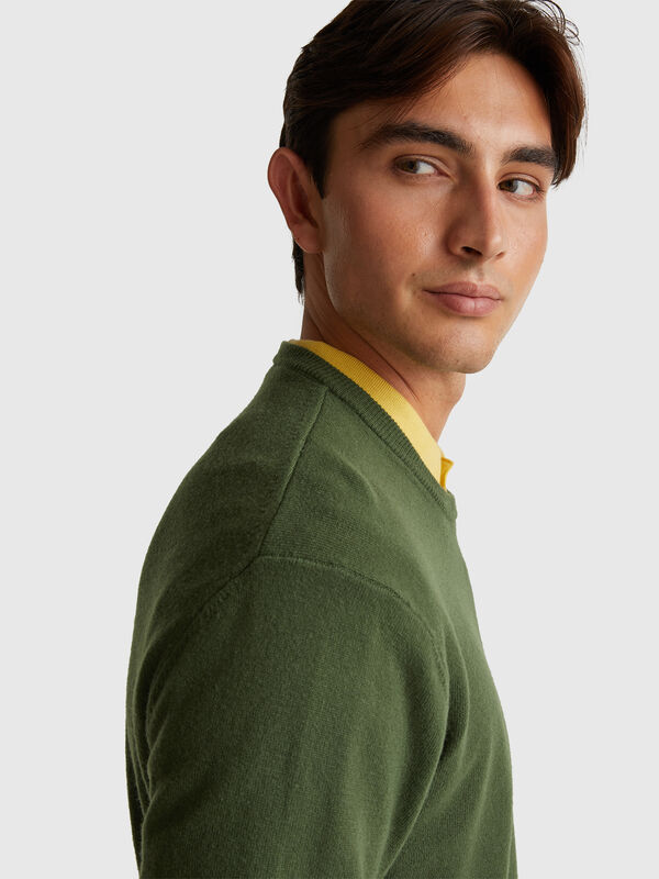 Olive green crew neck sweater in pure Merino wool Men