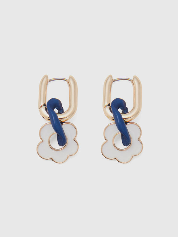 Gold and blue earrings with white flower Women