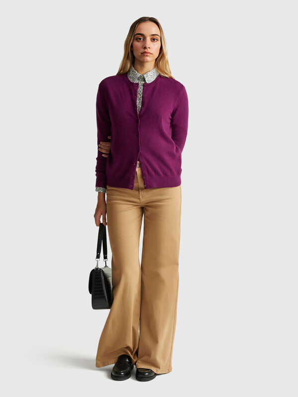 Purple crew neck cardigan in pure Merino wool Women
