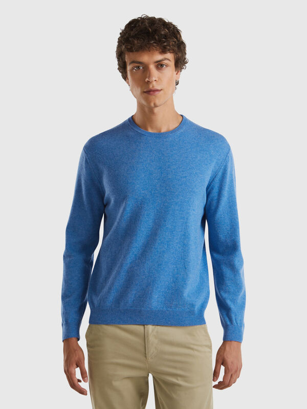 Marl blue crew neck sweater in pure Merino wool Men